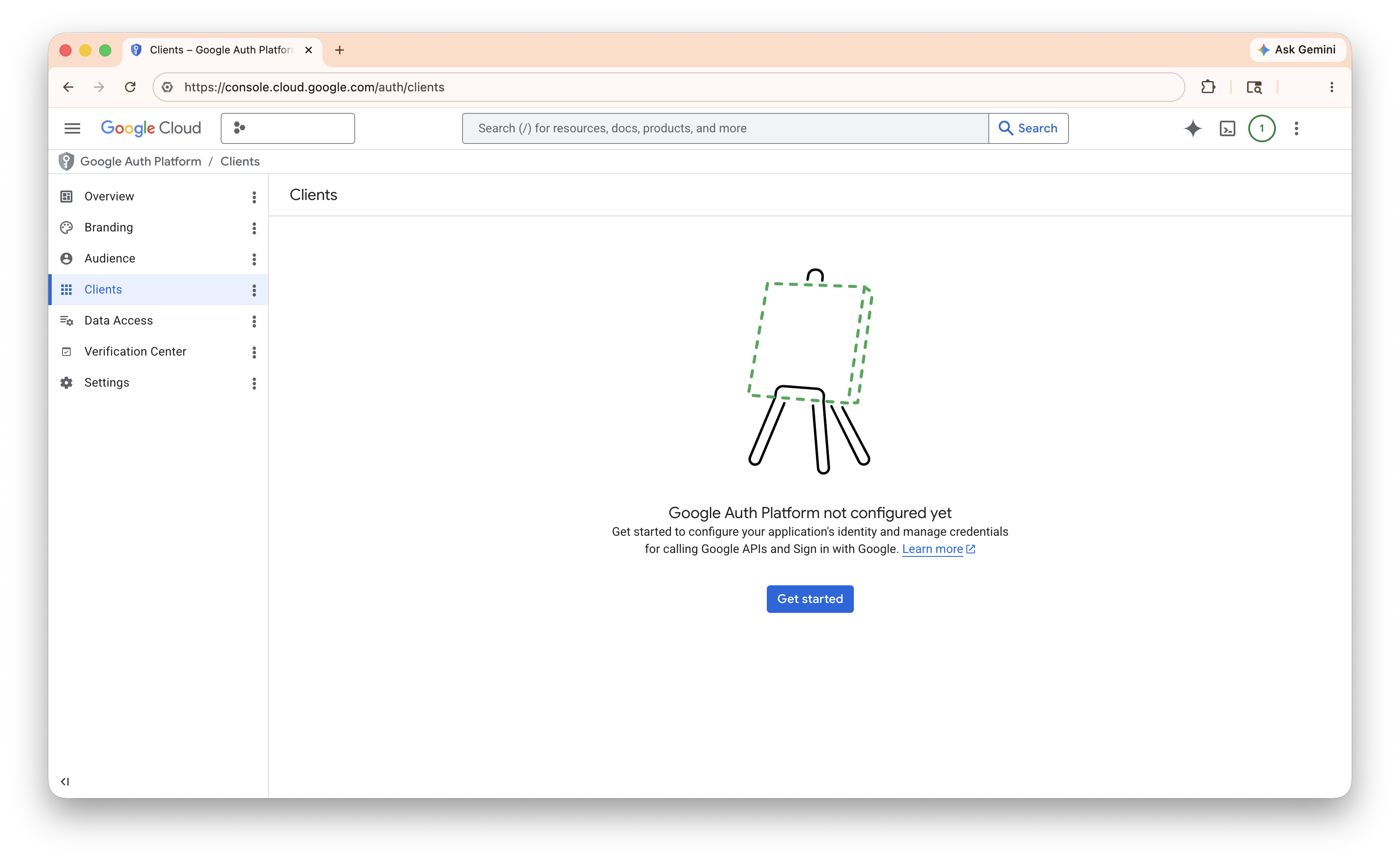 Google Cloud OAuth overview screen with the Get Started button