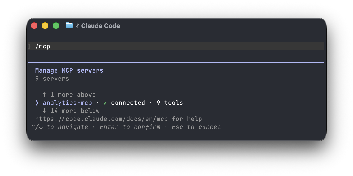Claude Code /mcp output listing analytics-mcp as connected