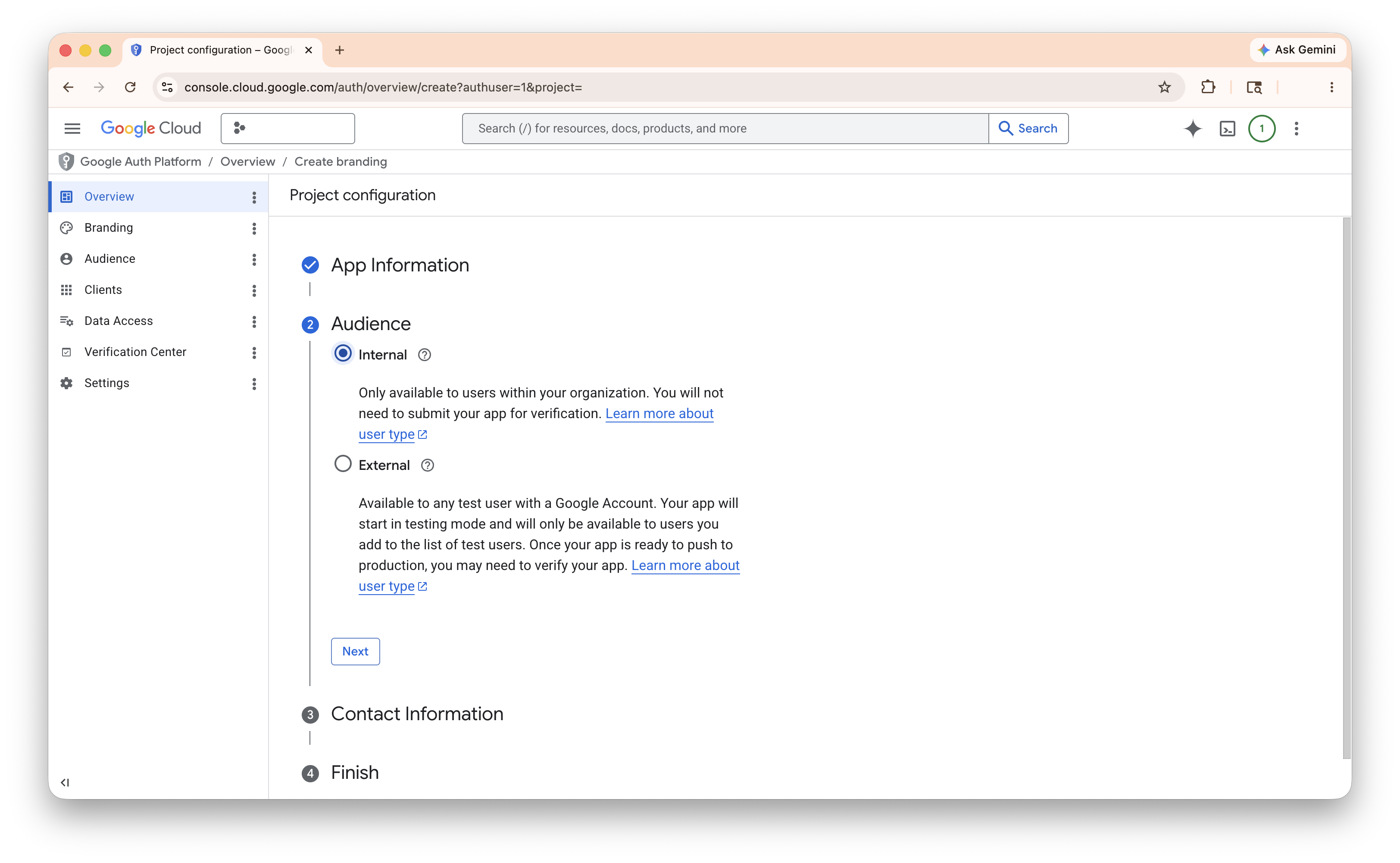 Audience step with the Internal user type selected