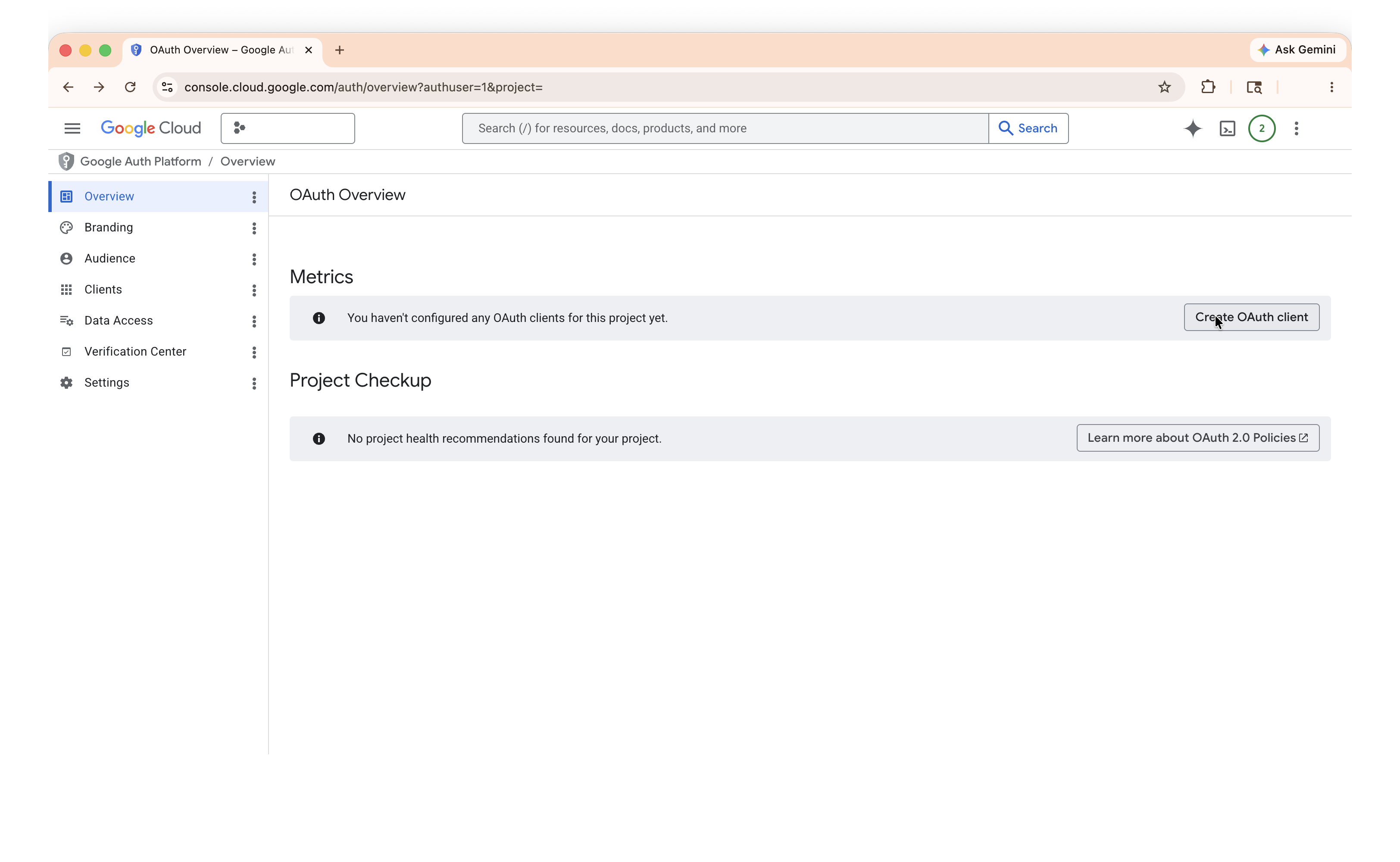 Clients page showing the Create OAuth Client button