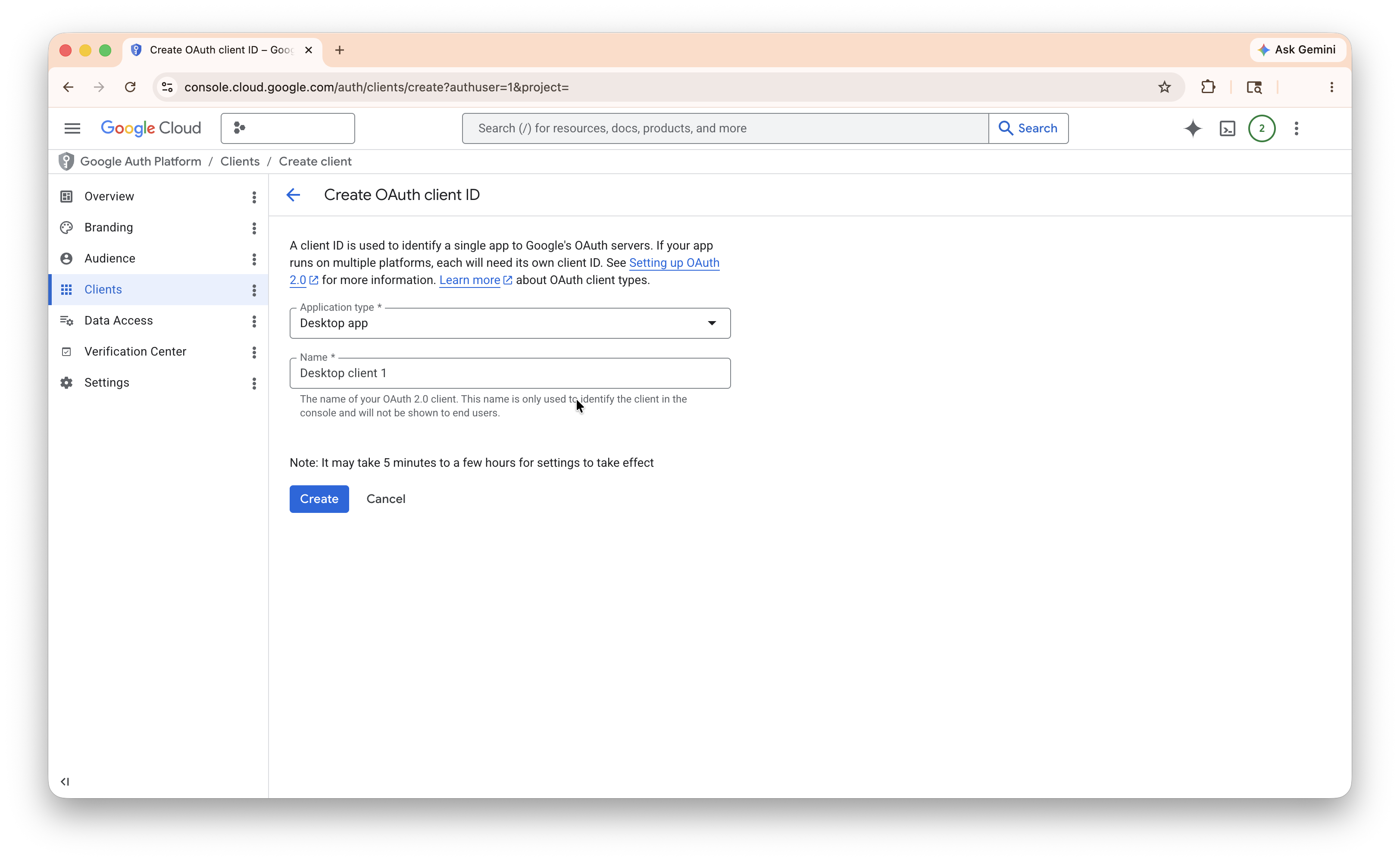 Dialog with the option to download the OAuth client JSON