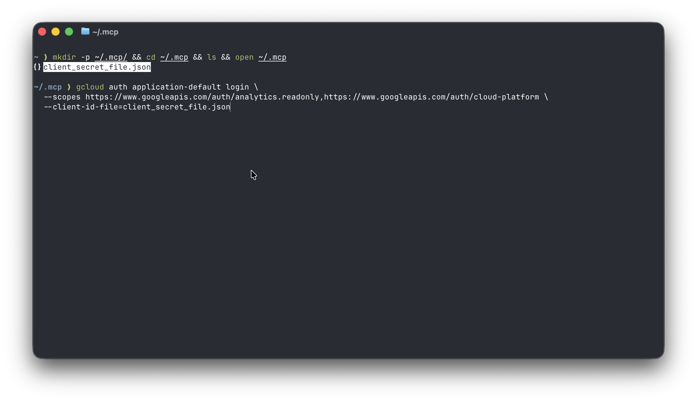 Terminal running gcloud auth application-default login with the analytics scopes