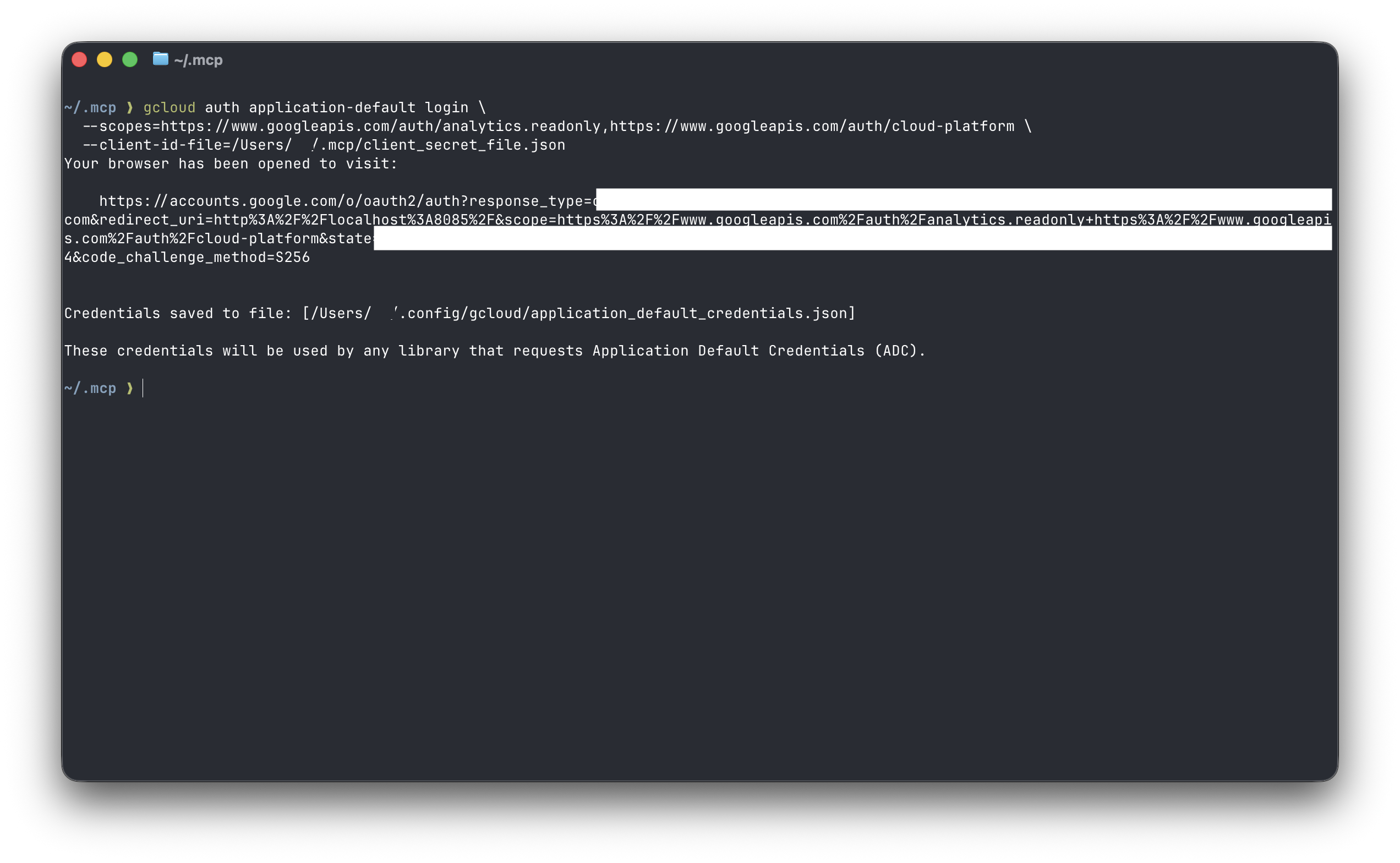 Terminal output showing the Credentials saved to file path
