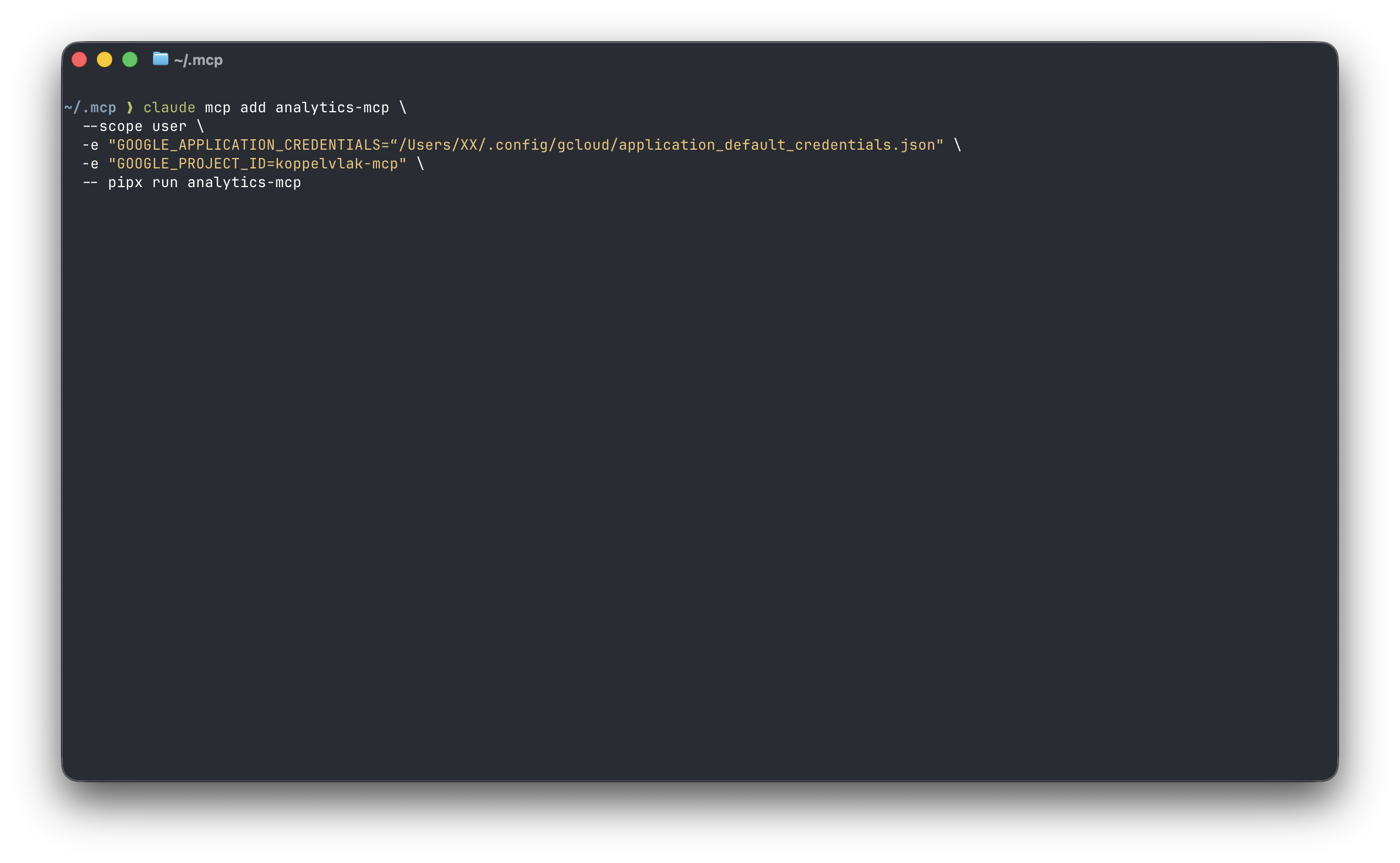 Terminal output confirming the analytics-mcp server was added to Claude Code